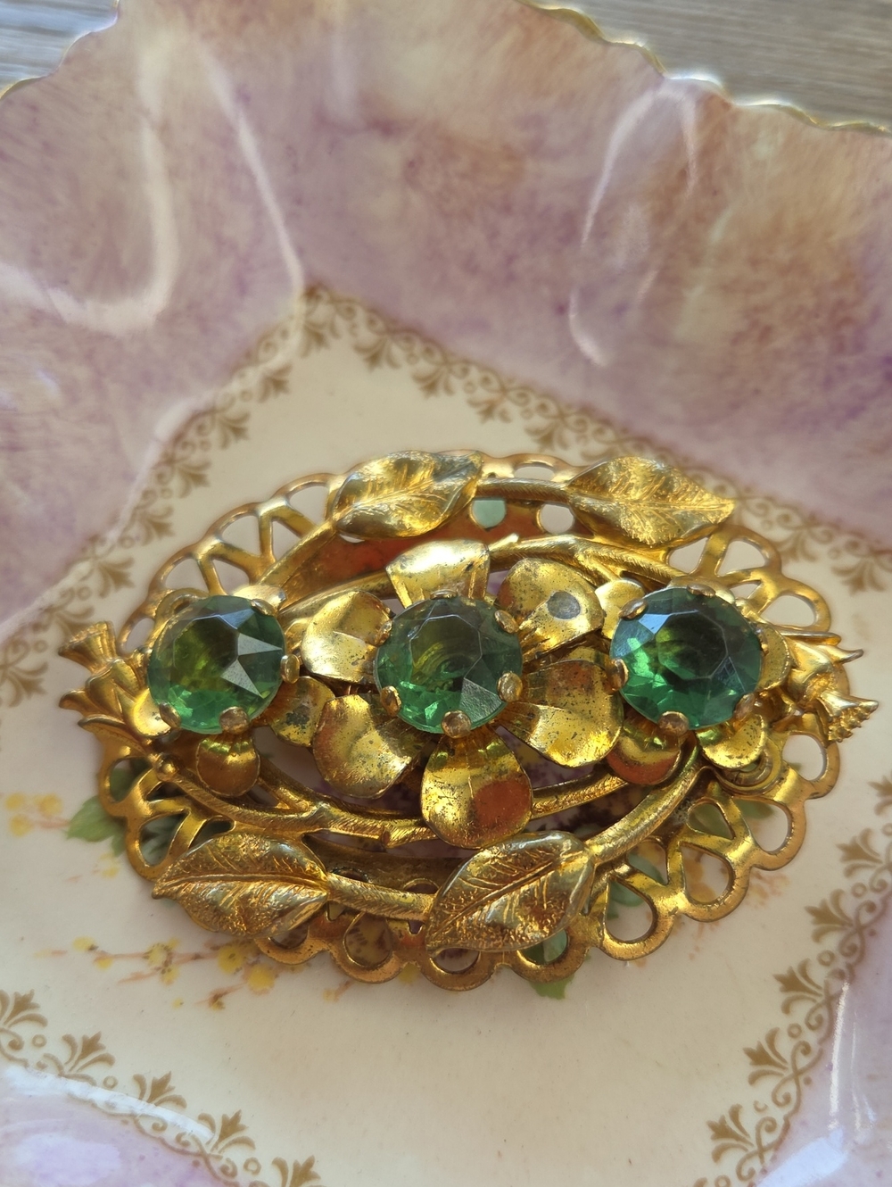 Vintage Gold Floral (Thistle) Brooch with Green Rhinestones